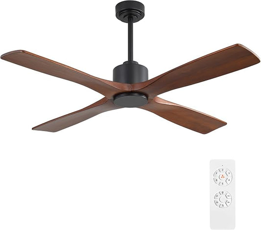 WINGBO 48 Inch DC Ceiling Fan without Lights, 4 Carved Solid Wood Blades, 6-Speed Noiseless Reversible DC Motor, Modern Ceiling Fan No Light with Remote, Black Finish with Walnut Blades, ETL Listed