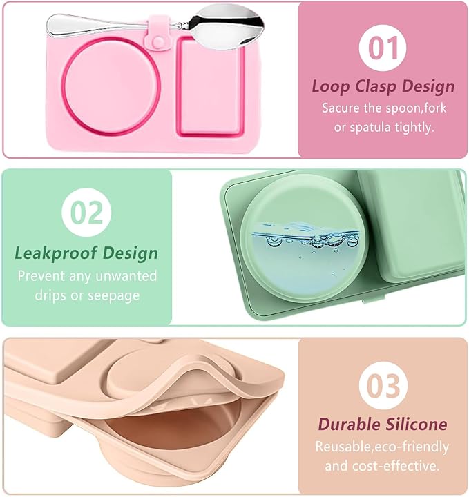 Dobyusf 4-Pack Collapsible Silicone Snack Containers - Round & Square Shape with Utensil Holder, BPA-Free Foldable Food/Sauce Storage for On-the-Go, Microwave & Dishwasher Safe