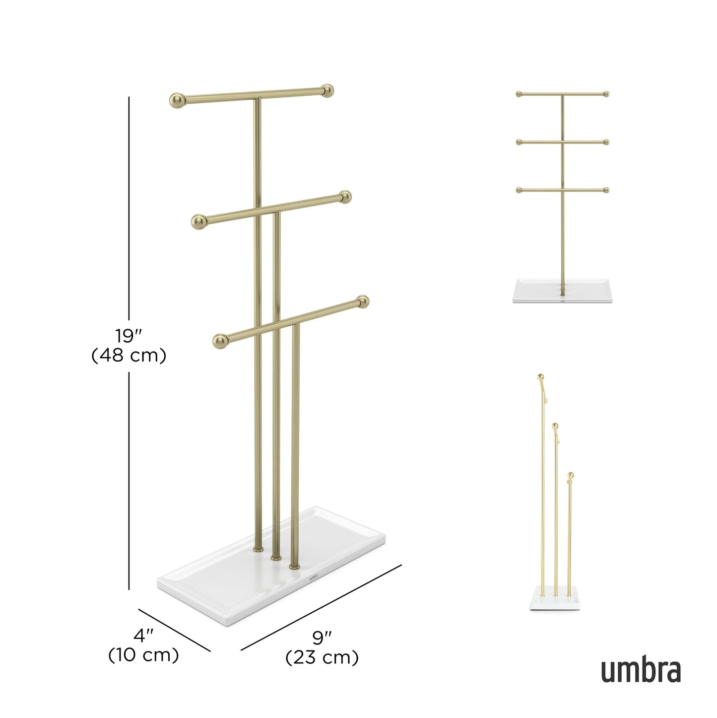 Umbra Trigem Hanging Jewelry Organizer Tiered Tabletop Free Standing Necklace Holder Display, White/Gold