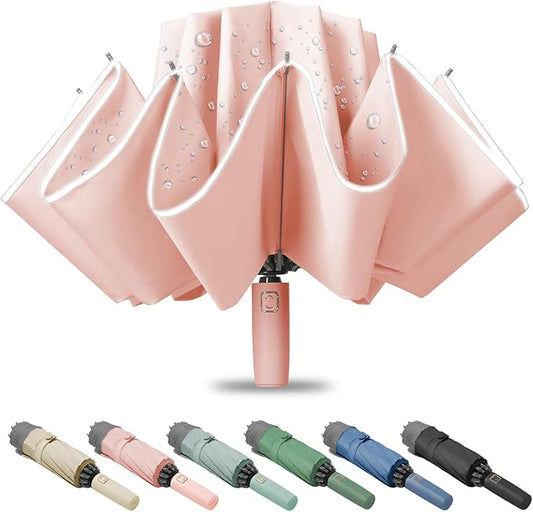 Large Windproof Travel Umbrella, Portable Reverse Folding Car Umbrella, Compact Inverted Design with Waterproof Canopy, Automatic, 10 Durable Ribs, 45.6/13 Inch, Fits Backpack