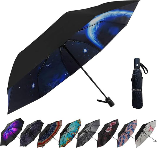 LLanxiry Compact Travel Umbrella, 44" Canopy, Automatic Open/Close Windproof Umbrella, 210T Pongee, 8-Rib Fiberglass, Travel Size Mini, Portable Rain/Sun Umbrellas UPF 50+ with Cover
