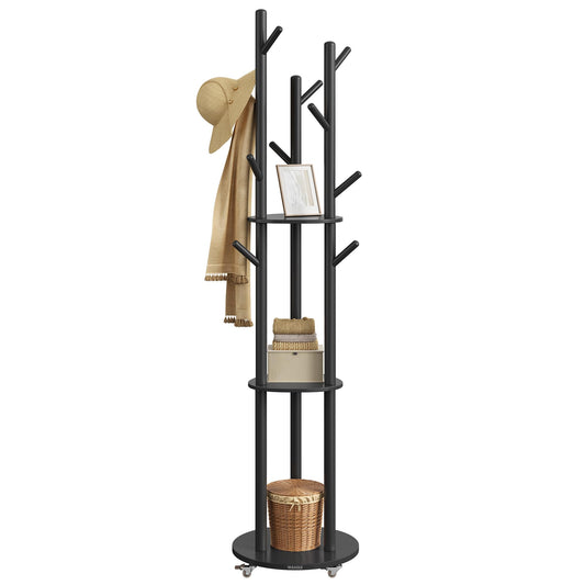 VASAGLE Freestanding Coat Rack Stand, Coat Tree with 11 Hooks, 3 Shelves, 4 Removable 360° Swivel Wheels, Wooden Hooks and Poles, for Entryway, Bedroom, Living Room, Ink Black URCR023B01