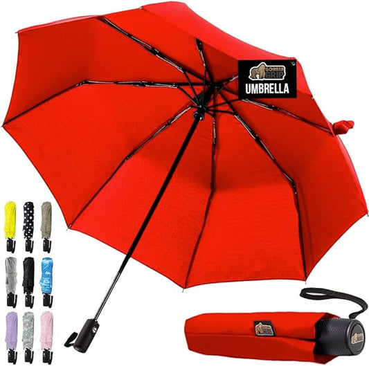GORILLA GRIP Strong Windproof Stick Compact Umbrella for Rain, One-Click Automatic Open and Close, Durable Quick Dry Waterproof Material, Lightweight and Portable, Travel Size Fits Backpack, Red