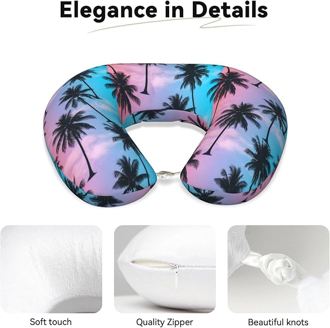 Travel Pillow Chin Neck Support, Comfortable Airplane Car Pillows for Rest, Memory Foam U Shaped Office Home Nap Sleeping Cushion Purple Sky Palm Trees