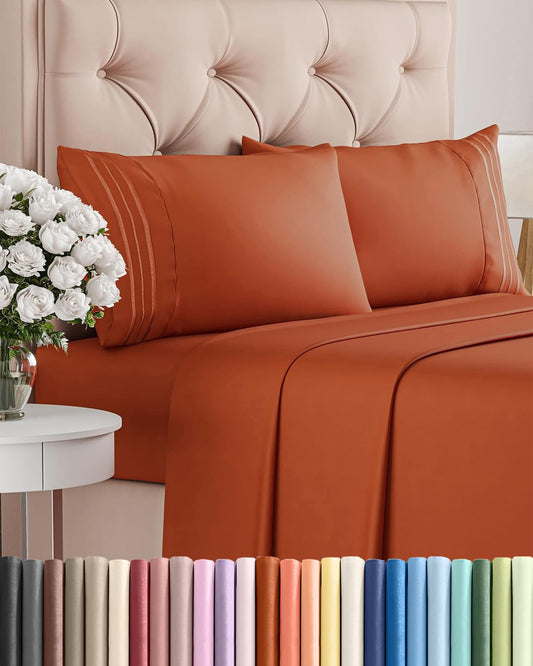 Queen Size 4 Piece Sheet Set - Comfy Breathable & Cooling Sheets - Hotel Luxury Bed Sheets for Women & Men - Deep Pockets, Easy-Fit, Soft and Wrinkle Free Sheets - Terracotta Oeko-Tex Bed Sheet Set