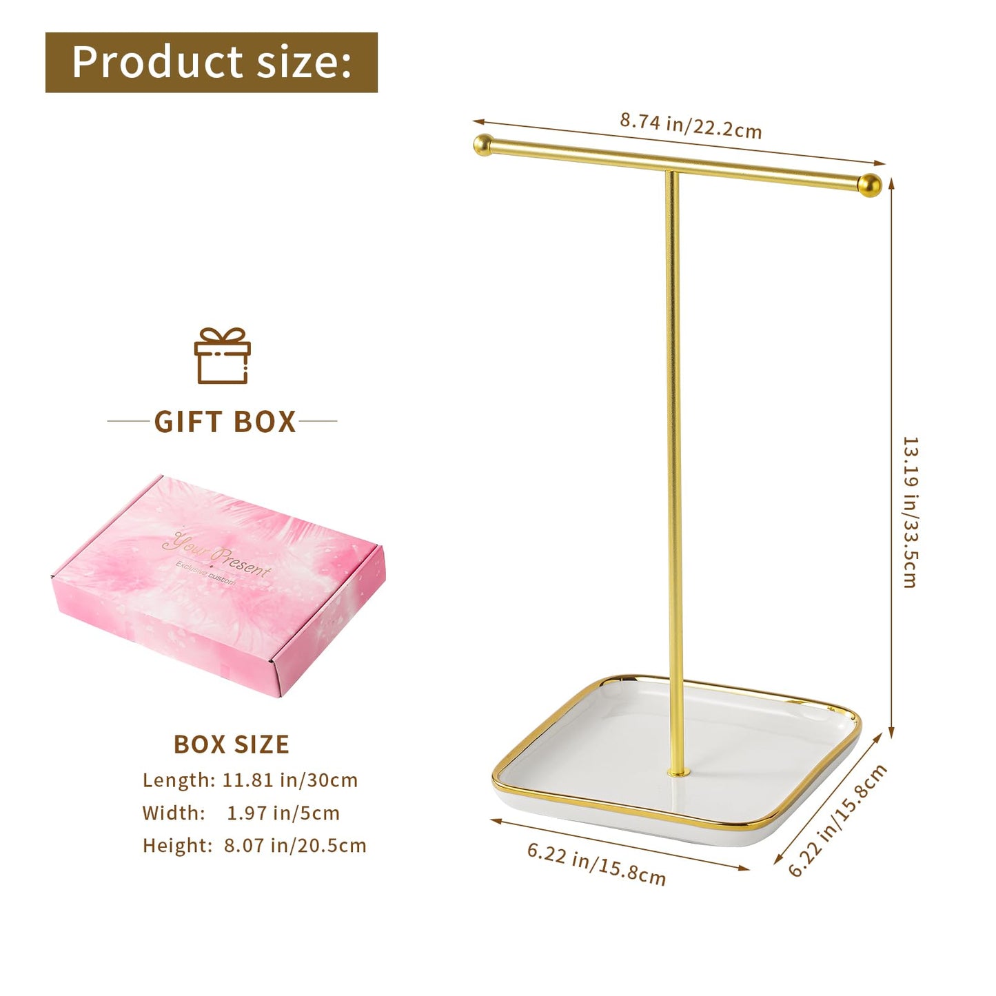 Leijosya modern T-shaped jewelry rack, jewelry tower, gold metal, square ceramic base decoration display tower, necklace, bracelet, ring storage rack (1-layer ceramic disc)