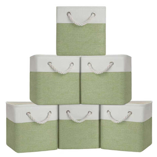 BOFUGA Cube Storage Bins, Collapsible Fabric Storage Cubes Bins, 11 Inch Cube Storage Bins with Handles, Foldable Storage Cubes (White/Green, 6Pack)