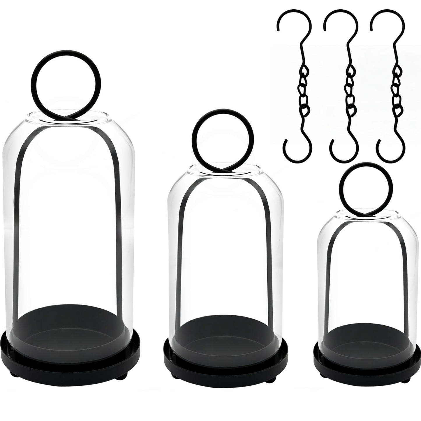 3 Pack Metal Candle Holders with Glass Dome, 5.5" & 4.7" & 3.9" Wide Black Candlestick Holders Set, Versatile Hurricane Lanterns Candleholders for Pillar Candle, Decorative Glass Display Dome Stands