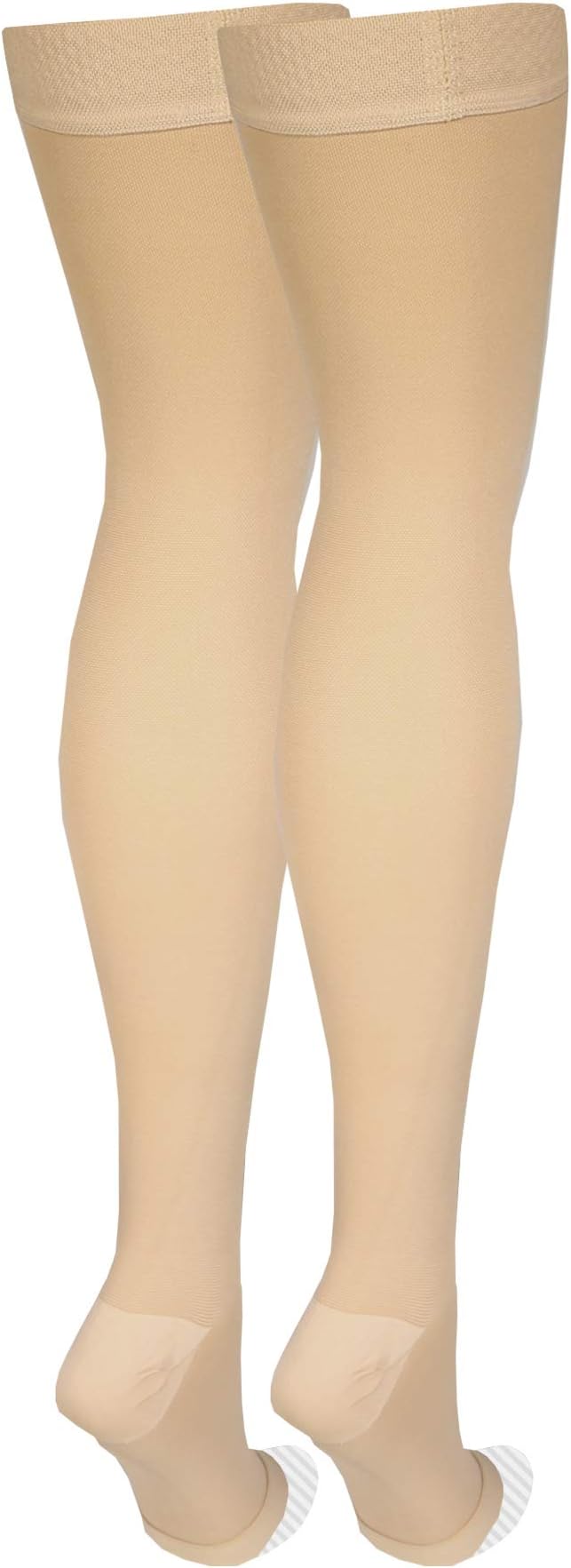 Amazon Basic Care Compression Stockings, 20-30 mmHg, Women & Men, Thigh Length | Open Toe | Beige | Small | Pack of 2