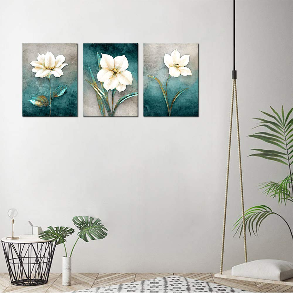 Flower Canvas Wall Art Cream White Floral Wall Decor Turquoise Tealish Grey Background Canvas Picture Modern Rustic Artwork Bathroom Bedroom Living Room Home Office Decoration 12" x 16" x 3 Pieces