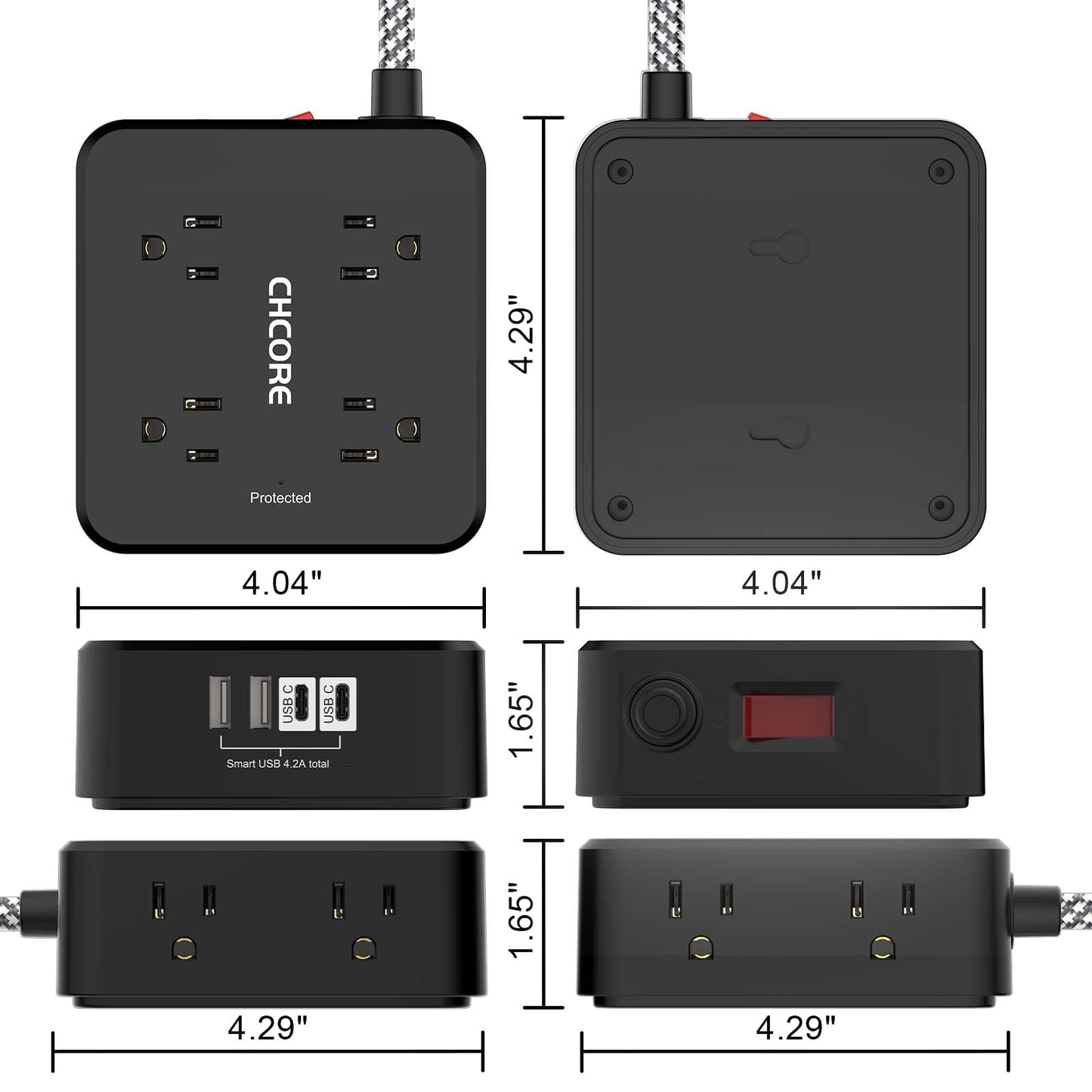 Surge Protector Power Strip - CHCORE 10Ft Braided Extension Cord with 8 Outlets with 4 USB (2 USB C) Charging Ports, Flat Plug Multi Plug Outlet Extender Charging Station for Home Office, ETL, Black
