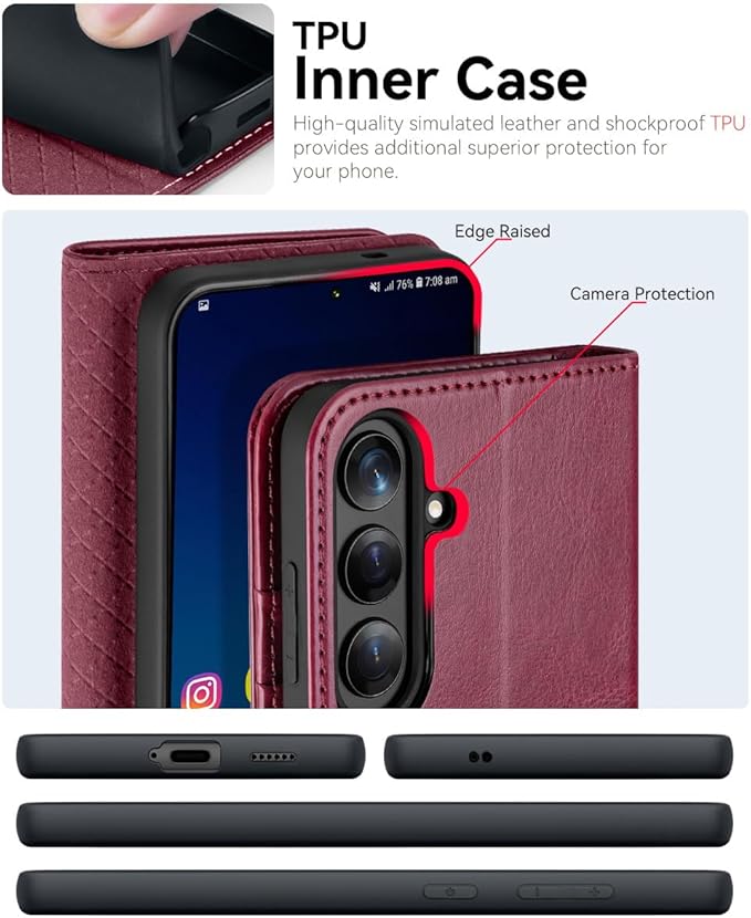 OCASE Compatible with Galaxy S25 FE Wallet Case, PU Leather Flip Folio Case with Card Holders RFID Blocking Kickstand [Shockproof TPU Inner Shell] Protective Phone Cover 2025, Burgundy