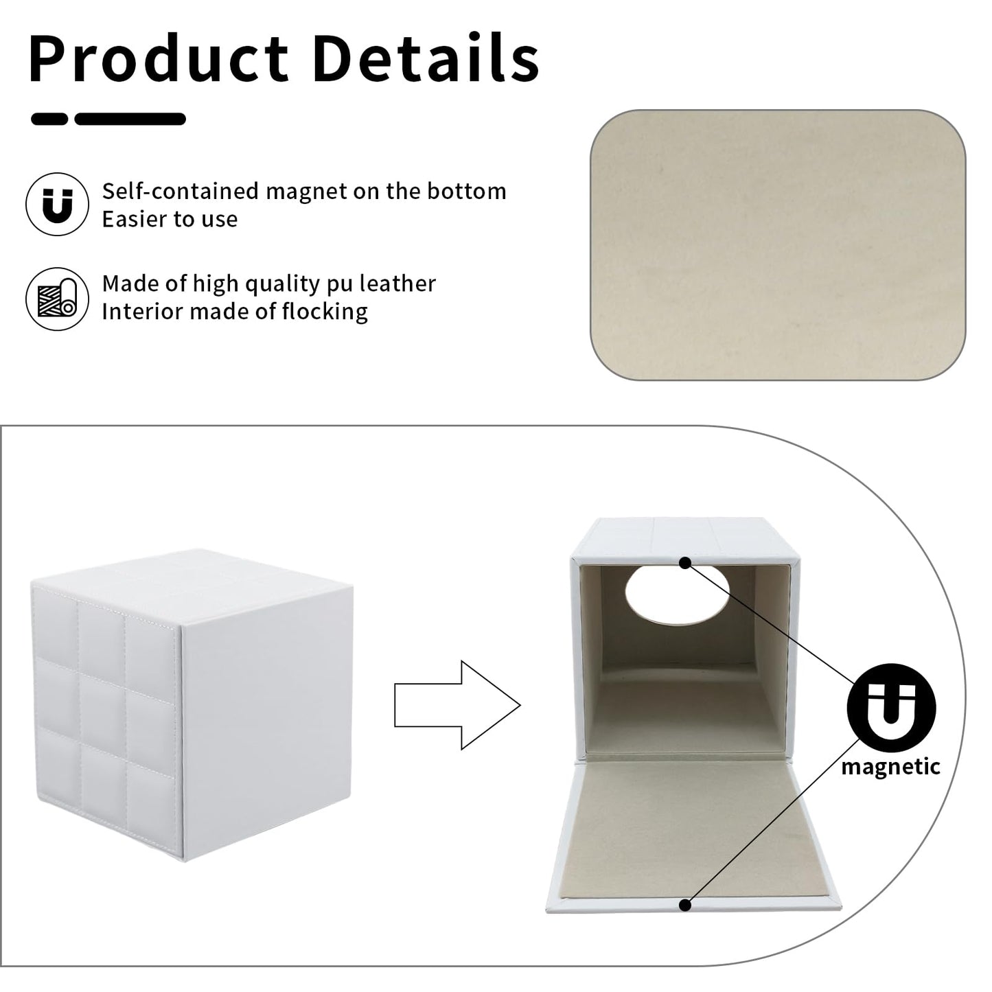 RHCSZ Tissue Box Cover Square,Stylish PU Leather Tissue Box Holder for Dresser Bathroom,Facial Tissue Holder with Magnetic Bottom for Home Office (White)