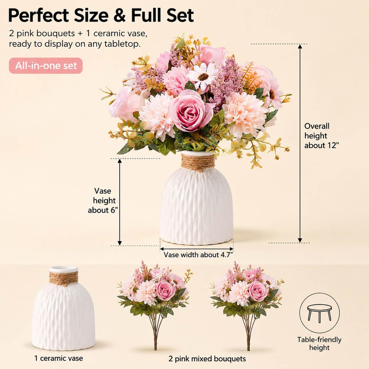 Epicpetal Fake Flowers in Vase, Artificial Pink Flowers in Vase for Decoration Faux Flowers Fake Floral for Home Decor Indoor Dining Table Centerpiece (Pink)