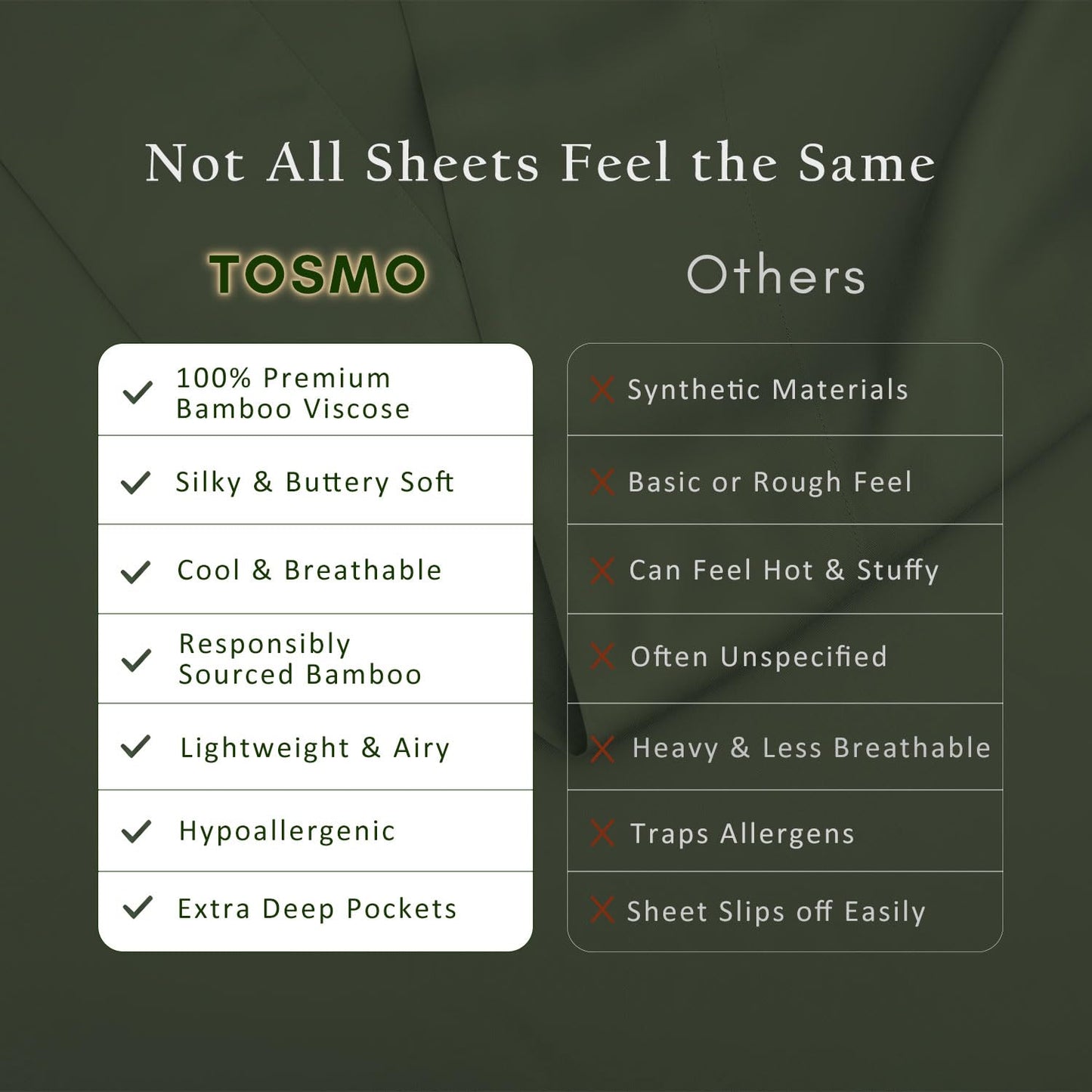 TOSMO Luxury Cooling Sheet Set | 100% Viscose from Organically Grown Bamboo | FSC® Certified | Queen Size | 18” Deep Pockets | Silky Soft Natural Bedding for Hot Sleeper [Olive]