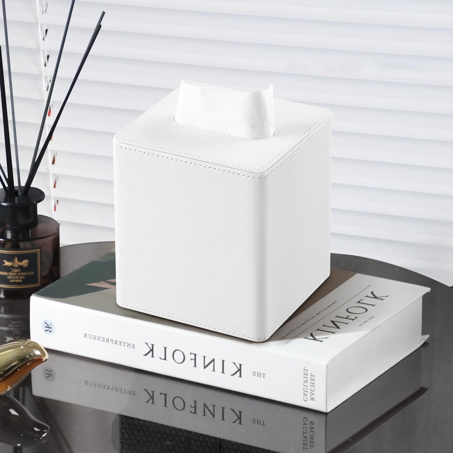 MEIBOOCH PU Leather Tissue Box Cover Square Tissue Box Holder with Magnetic Closure (Cream-White)