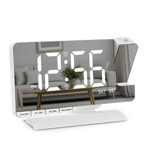 Amgico Projection Alarm Clock,Digital Clock with Projection,7.3" Mirror Clock with 180°Rotating Projector,Dual Alarm with 3 Mode,Bright Adjust,DST,Snooze,Charging Port,5 Levels Volume for Desk Teens