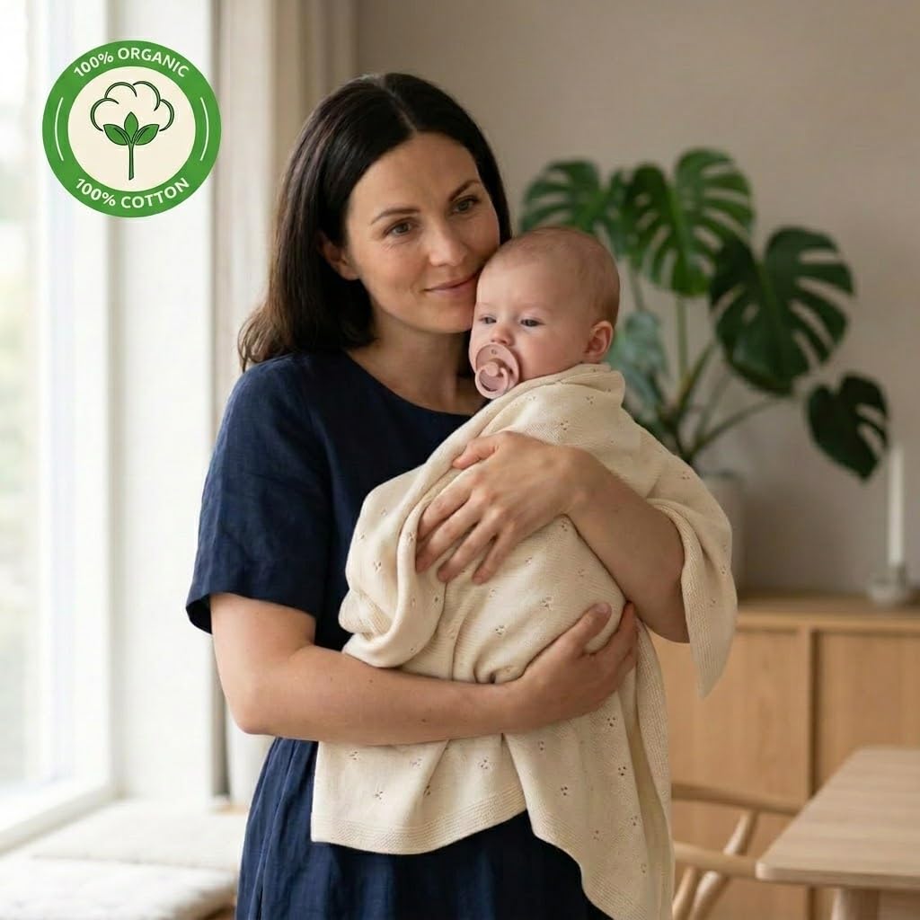 Huxie 100% Organic Cotton Knit Receiving Baby Boy Blanket for Newborns - Soft, Breathable Blanket for Crib & Stroller - Nursery Gift (Ivory)