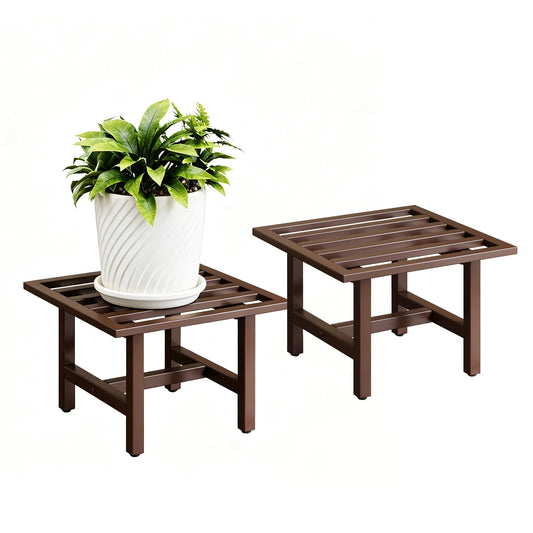 ZETONIQ Heavy Duty Metal Plant Stand Outdoor, 330 lbs Iron Square Plant Stand Indoor, Rustproof Low Pedestal for Large Flower Pots, Patio, Balcony, Garden Decor 2 Pack Coffee