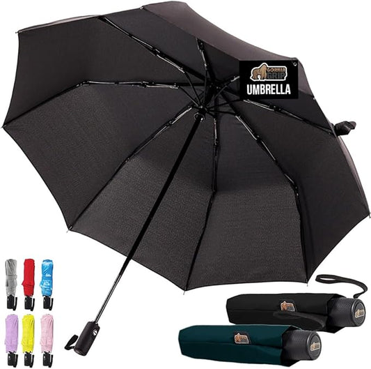 GORILLA GRIP Strong Windproof Stick Compact Umbrella for Rain, 2 PK, One-Click Automatic Open Close, Durable Quick Dry Waterproof Material, Lightweight, Travel Size Fits Backpack, Black Hunter Green