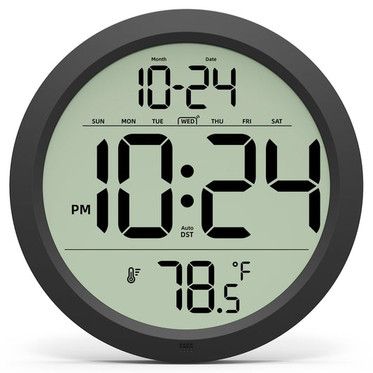 Digital Wall Clock Battery-Operated, 8 Inch Small Decorative Modern Wall Clock with Date, Temperature, Auto-DST, Silent Electric Wall Clock for Bedroom, Living Room, Kitchen, Office, Farmhouse -Black