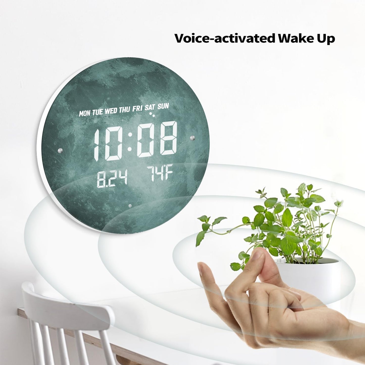 SCOAGE Digital Moon Wall Clock with Temperature/Time/Date, 12'' Modern Led Wall Clock Battery Operated, Smart Dimming, Large Display Decorative for Bedroom/Office/Kitchen