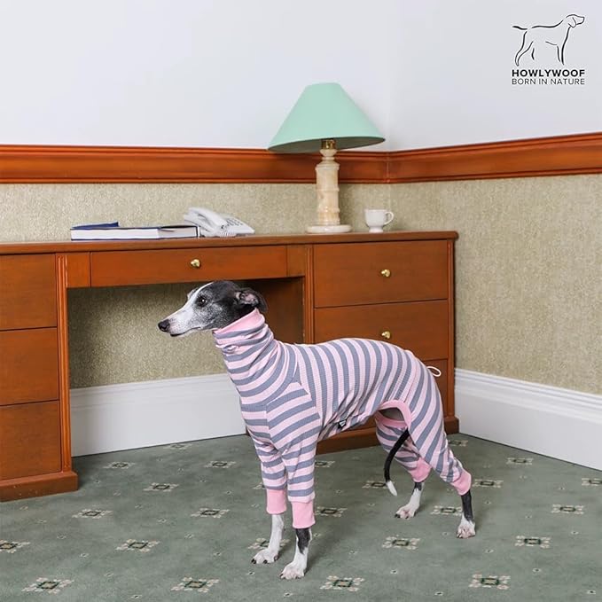HowlyWoof Dachshund Dog Shirt, Thin Striped Base Layer Onesie for Wiener Dogs, Lightweight All-Season Wear, Soft & Comfy Fit for Doxie and Short-Leg Breeds (Pink&Grey, Size 3(16-21 lbs))