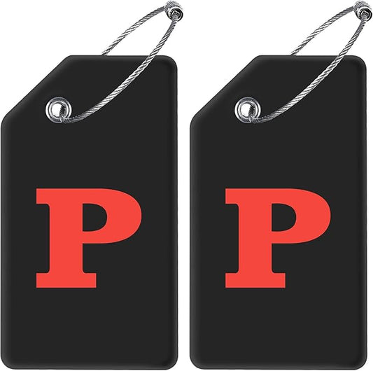 Gostwo 2 Pack Silicone Luggage Tags for Suitcases, 26 Initial Letter Baggage Labels Handbag School Bag Suitcase Instrument Tag with Stainless Steel Loop(Black & White) (Letter P)