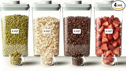 Hontent Large Pop Airtight Food Storage Containers Set with Lids 4.2Qt/4L Food Containers with Scoop, Kitchen Pantry Organization and Storage, BPA Free Stackable Cereal Container (4 * 4.2Qt)