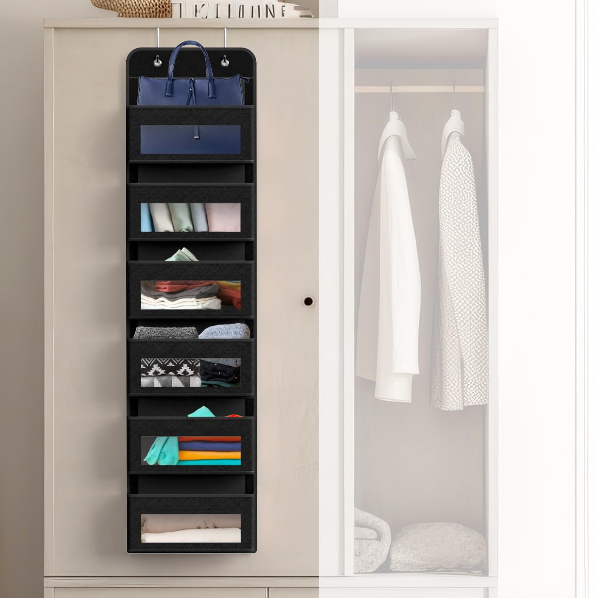 Simple Houseware 6 Clear Window Pocket Over Closet Door Storage Hanging Organizer for Bedroom, Bathroom, Pantry, Black