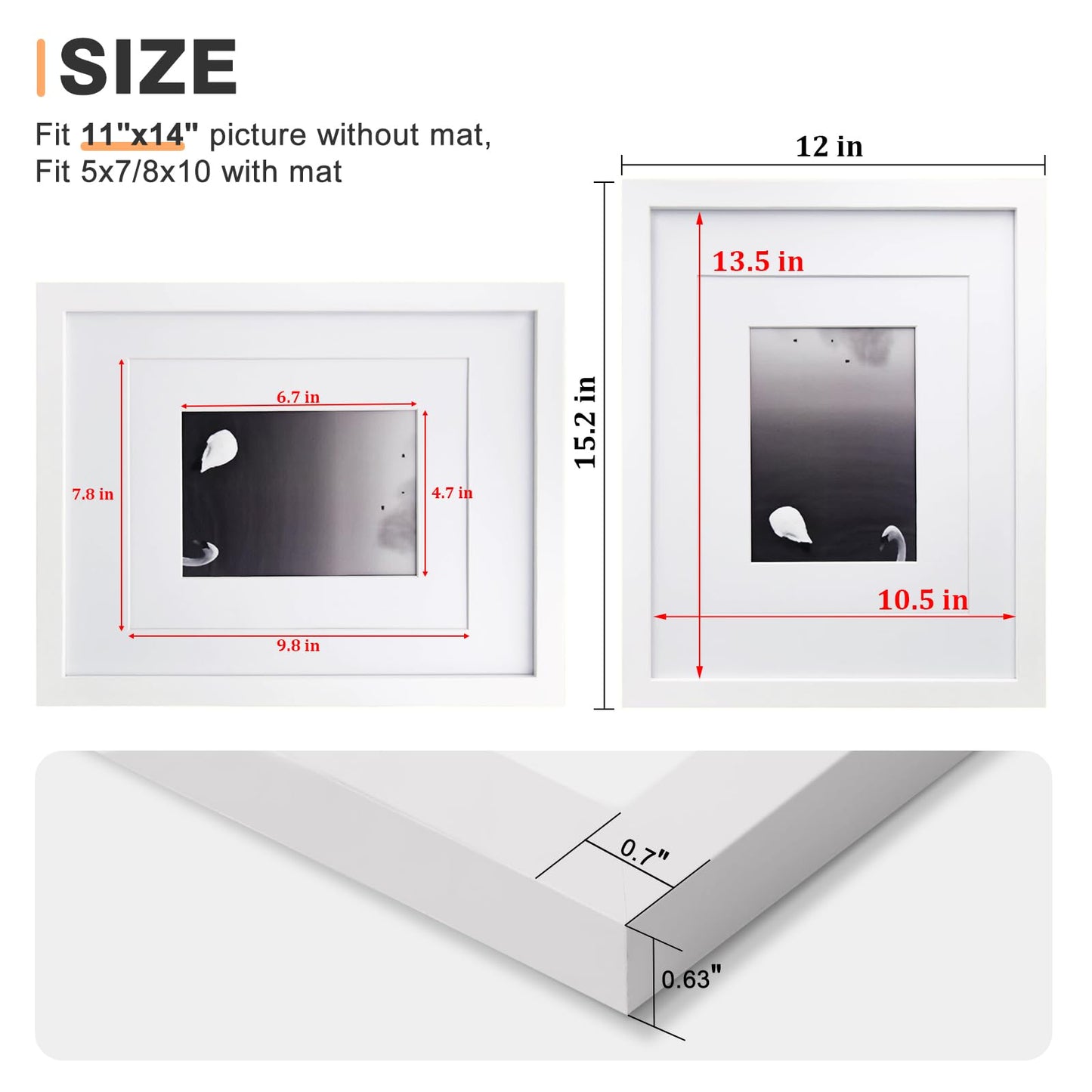Egofine 11x14 Picture Frame White - Photo Frame Made of Solid Wood Covered by Plexiglass for Table Top Display Pictures 5x7/8x10 with Mat or 11x14 Without Mat