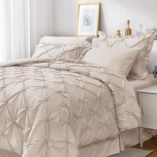 JOLLYVOGUE Queen Comforter Set 7 Pieces, Beige Bed in a Bag Comforter Set for Bedroom, Bedding Comforter Sets with Comforter, Sheets,Ruffled Shams & Pillowcases