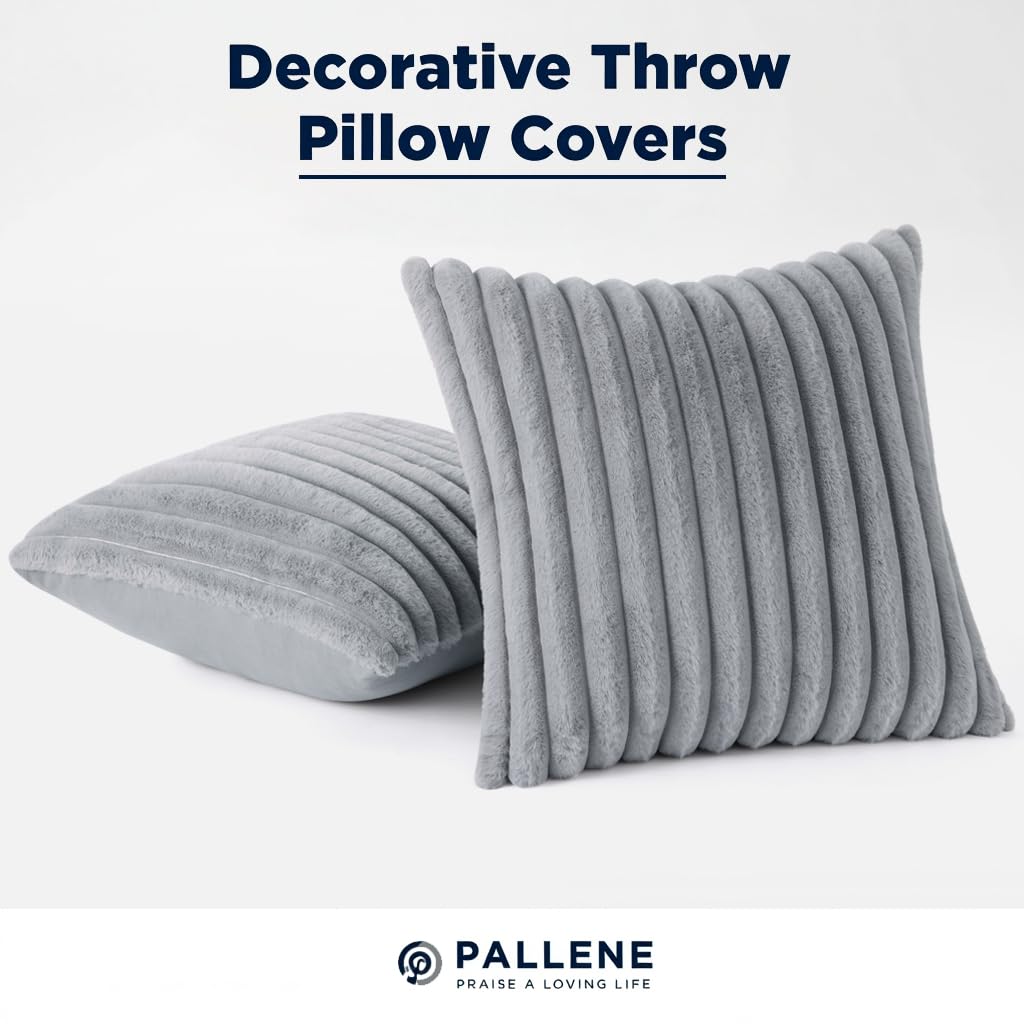 Pallene Faux Fur Plush Throw Pillow Covers 18x18 Set of 2, Luxury Soft Fluffy Striped Decorative Pillow Covers for Sofa, Couch, Living Room, Grey