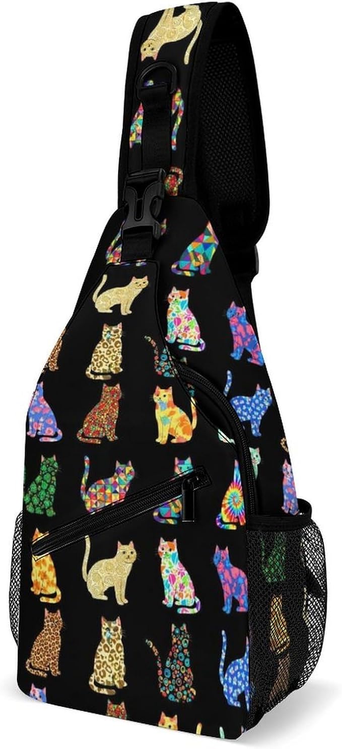 SWEET TANG Women Shoulder Chest Sling Bags Backpacks Colorful Cats, Fashion Casual Pack Crossbody Bags Daypack Multipurpose for Travel Outdoors Running