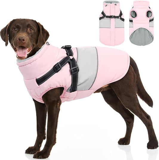 SUNFURA Dog Coat for Large Dogs, Warm Pet Jacket Winter with Harness Built in, Waterproof Pet Snow Jacket with Furry Collar, Reflective Fleece Snowsuit for Extra Large Dogs, Pink XL