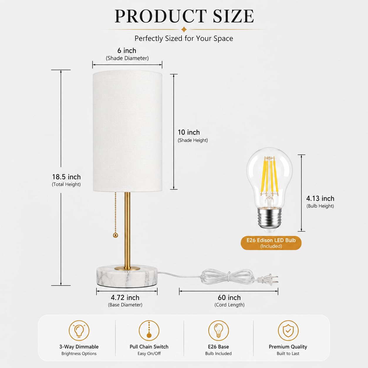 JUNNAI Table Lamps Set of 2, Gold Bedside Lamps, 3 Way Dimmable Nightstand Lamps with Marble Base & Linen Shade &Pull Chain,18.5 Inches Tall Skinny Desk Lamps for Bedroom Living Room(Bulbs Included)
