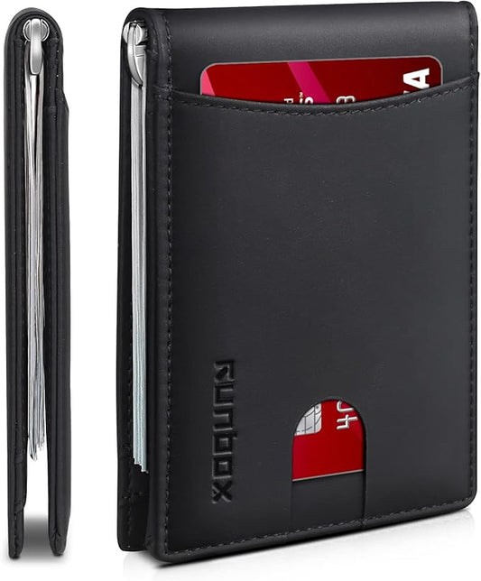 RUNBOX Slim Wallet for Men Genuine Leather RFID Blocking Bifold Minimalist Front Pocket Mens Wallet with Money Clip Thin Gift Box