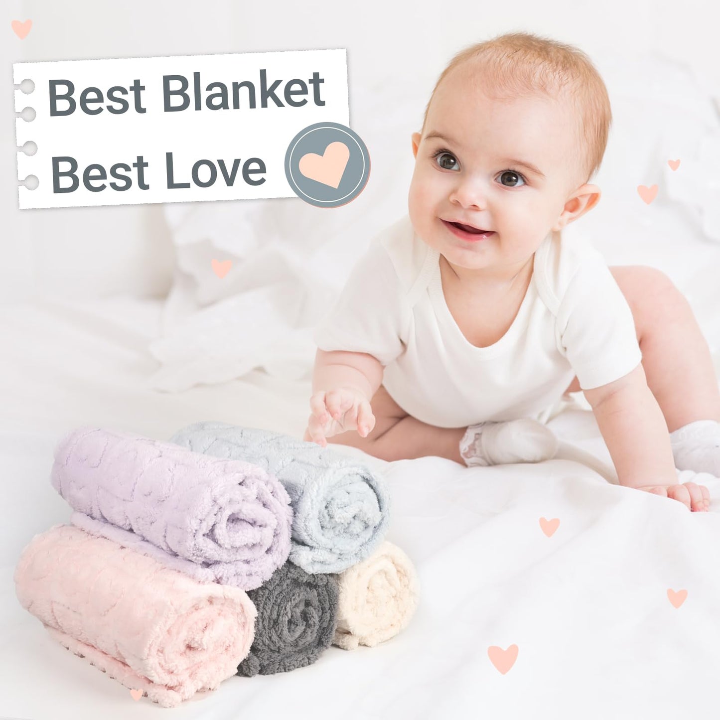 5 Pcs Baby Blanket Heart Checkered Ultra Soft Gift-Ready Plush for Newborns, Nursery & Stroller 30"x40" Beige Gray Blue Purple Light Pink