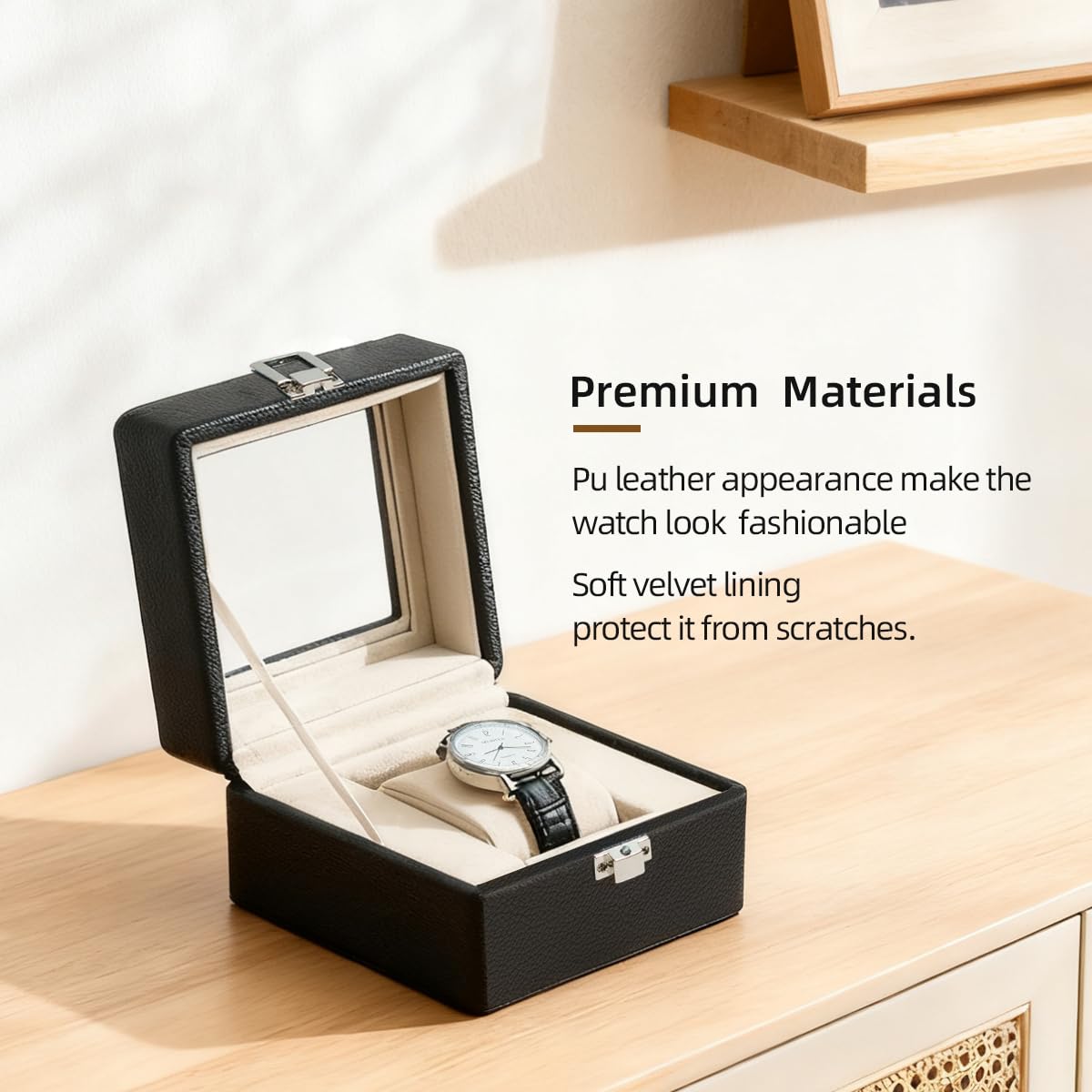 SORNDIF Watch Box, 1 Slot Watch Display Case for Men & Women, Removable Pillows, Clear See Through Lid, Watch Storage Watch Holder Organizer, Beige Soft Velvet Lining, Leather Surface (Black)