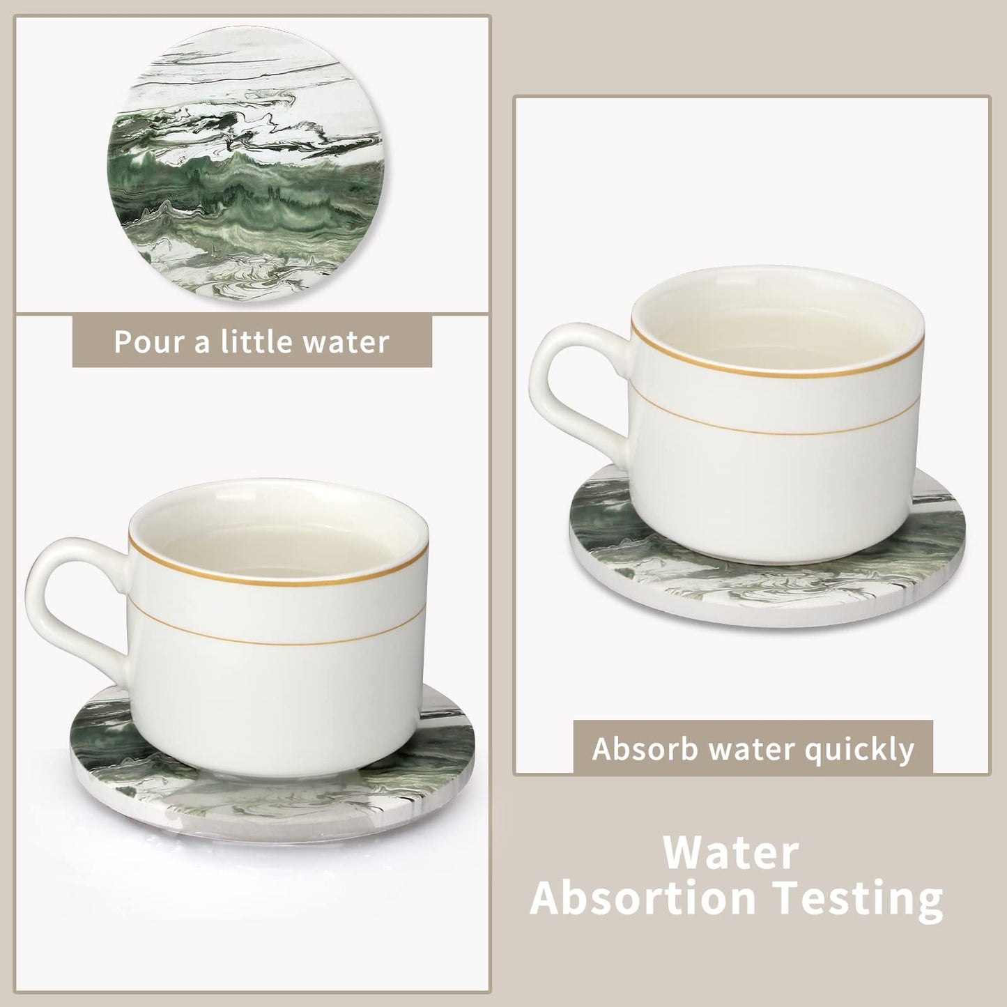 6 Pcs Green Ceramic Coasters with Holder Round Cool Drink Best Modern Absorbent Coaster Set for Coffee Table, Art Decorative Coasters, Bar, Farmhouse, Outdoor Cup Coaster Gifts