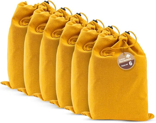 LFH Cotton Rich Shoe Storage Bags with Drawstring, Dustproof Breathable Reusable Organizer, Perfect For Travel, Dorm, Hotel, College, Gym, Easy to Carry, Machine Washable 8"x17" (Pack of 6) - Golden