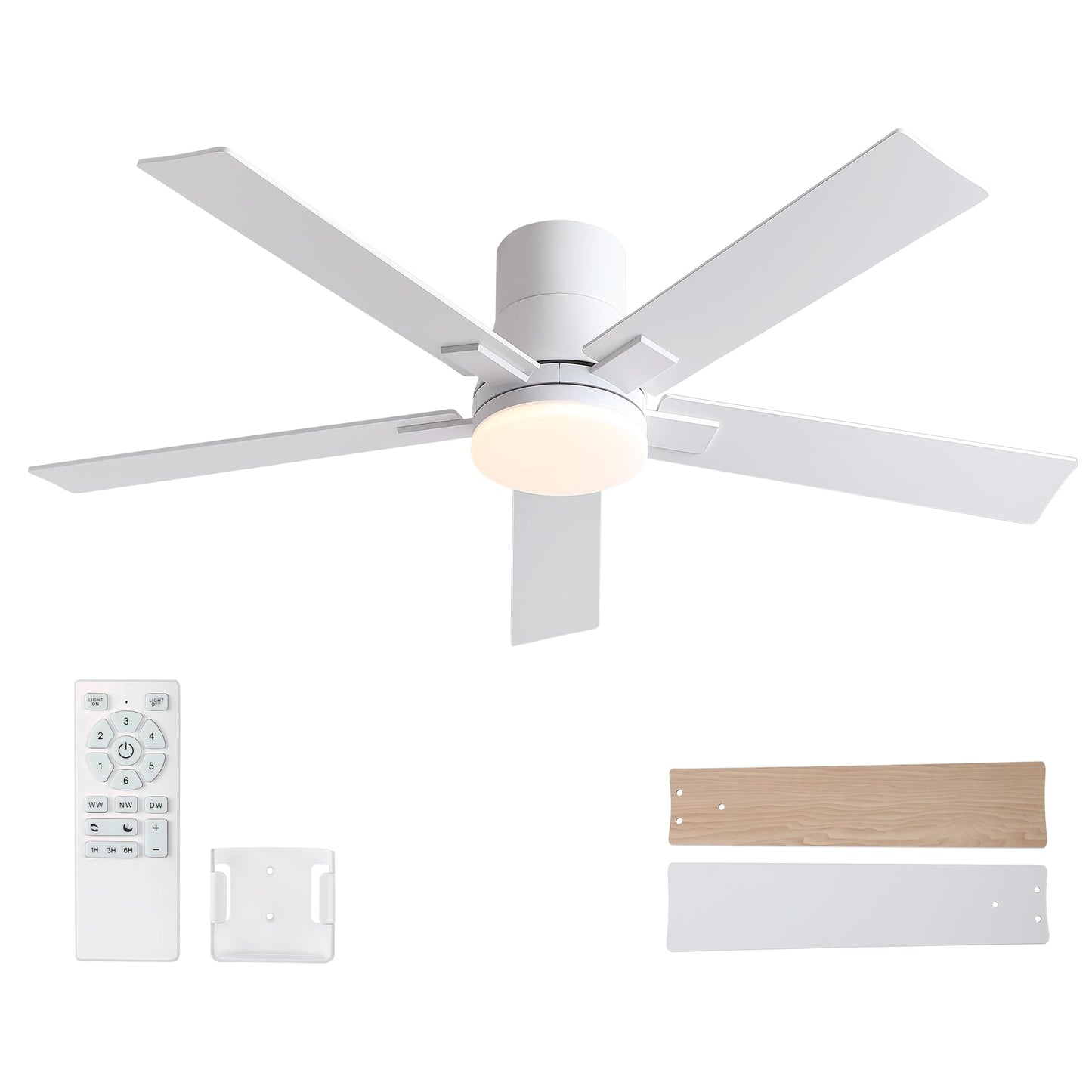 52 Inch Ceiling Fans with Lights and Remote,Flush Mount White Ceiling Fan with 5 Blades,6 Speed Reversible DC Motor,3CCT Dimmable LED-Low Profile Design for Bedroom, Living room & Covered Outdoor