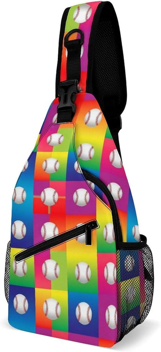 SWEET TANG Womens Fashion Gym Bags Anti Theft Crossbody Shoulder Chest Bag with Small Pocket, Multipurpose Daypack Bag for Cycling Traveling Hiking, Rainbow Baseball