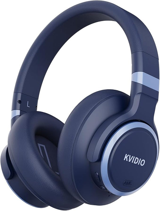 KVIDIO Active Noise Cancelling Headphones, 70 Hours Playtime Bluetooth Headphones with Microphone, Transparency Mode, Deep Bass and Hi-Fi Stereo Sound (Blue)