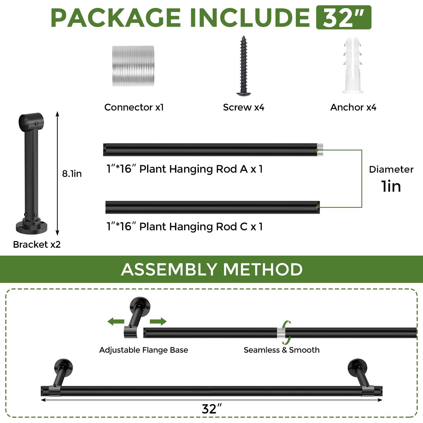 Mogaath Window Plant Hanger Indoor, 32 Inch Heavy Duty Plant Hanging Rod, 1 Inch Metal Hanging Plant Holder for Window Wall, Matte Black Round Flange Base, Pot Not Included