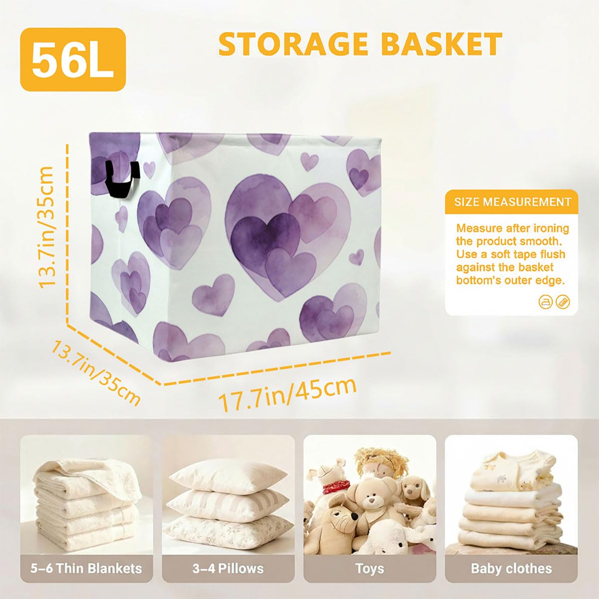 56L Purple Heart Foldable Square Laundry Hamper with Handles – Large Clothes, Blanket & Toy Storage Basket for Home Organization.