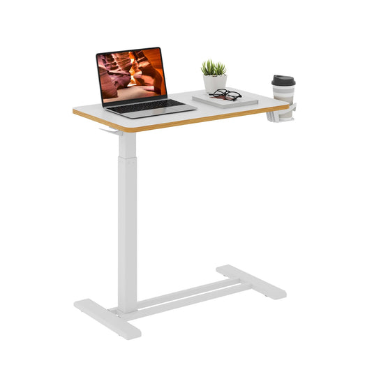 FitStand Medical Overbed Adjustable Bedside Table with Hidden Casters, Pneumatic Mobile Rolling Laptop Standing Desk with Tray for Home and Hospital Use, White