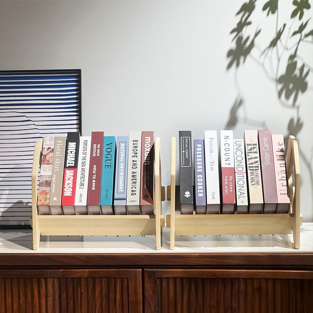 2 pack Desktop Bookshelf, Stackable Book Organizer with Handle, storage rack for CD/Magazine/File Folder, Portable Small bookshelf for Study, Living room, Kid's room, No Nails, Medium Size