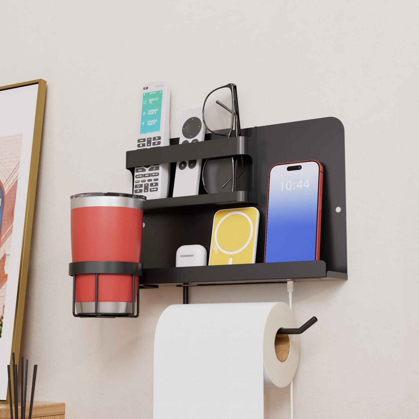 Zptnsl Bedside Shelf for Bed, Metal Floating Nightstand Wall Organizer, No Drill Dorm Room Essentials, Heavy Duty Caddy with Cup Holder & Charging Station for Bunk Bed, Loft, Remote - Matte Black