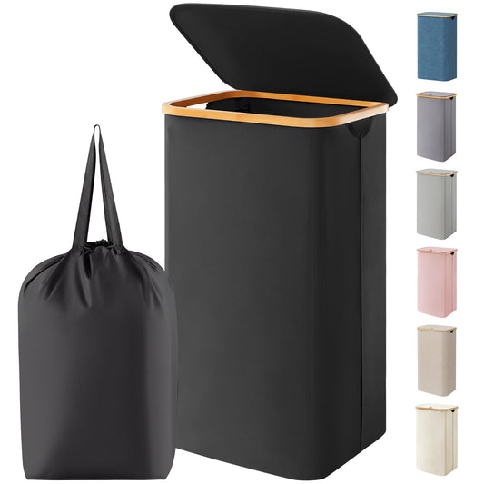 Lifewit 100L Laundry Basket with Lid, Clothes Hampers for Laundry with Bamboo Handles and 1 Removable Bag, Large Foldable Laundry Hamper for Bedroom, Bathroom, Dorm, Laundry Room, Black